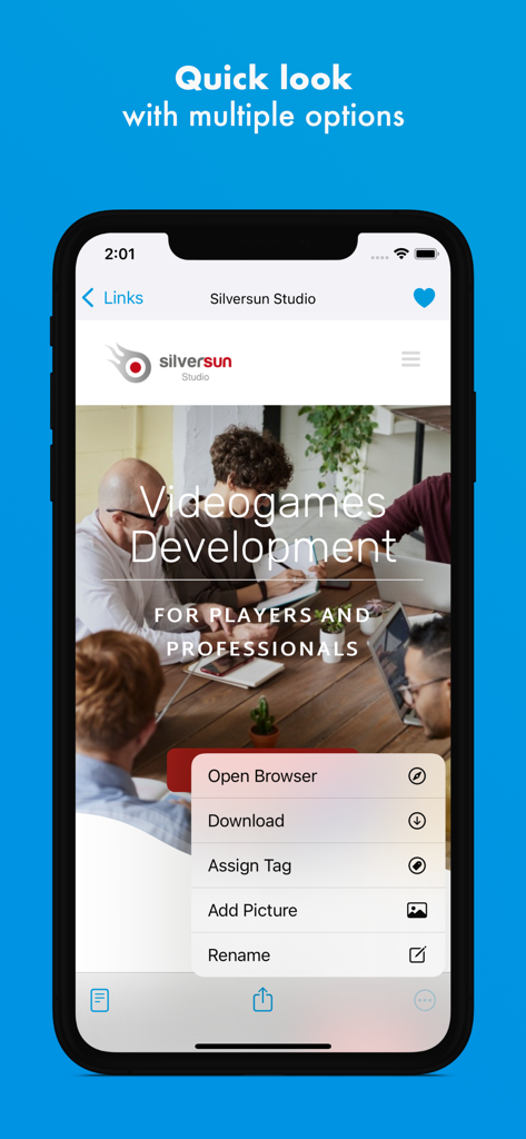 iLinks - A smartphone screen showing the iLinks app quick look menu with options for opening a browser, downloading, assigning tags, adding pictures, and renaming links.