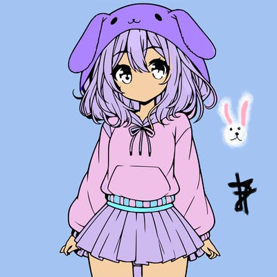 pretty anime girl wearing a fluffy hoodie with bunny ears on the hood and a skirt