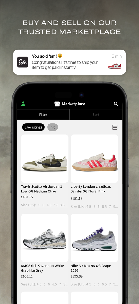 The Sole Supplier app marketplace screen showing sneaker listings like Air Jordans and Adidas with a notification for a completed sale.