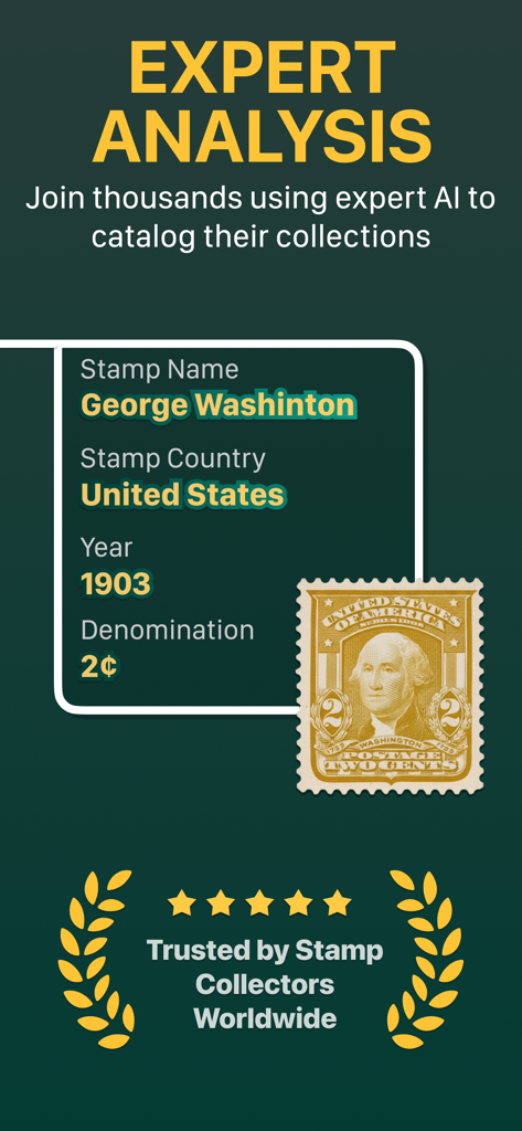 StampLens AI - Scan & Collect - StampLens AI app interface showing expert analysis for a 1903 United States George Washington postage stamp