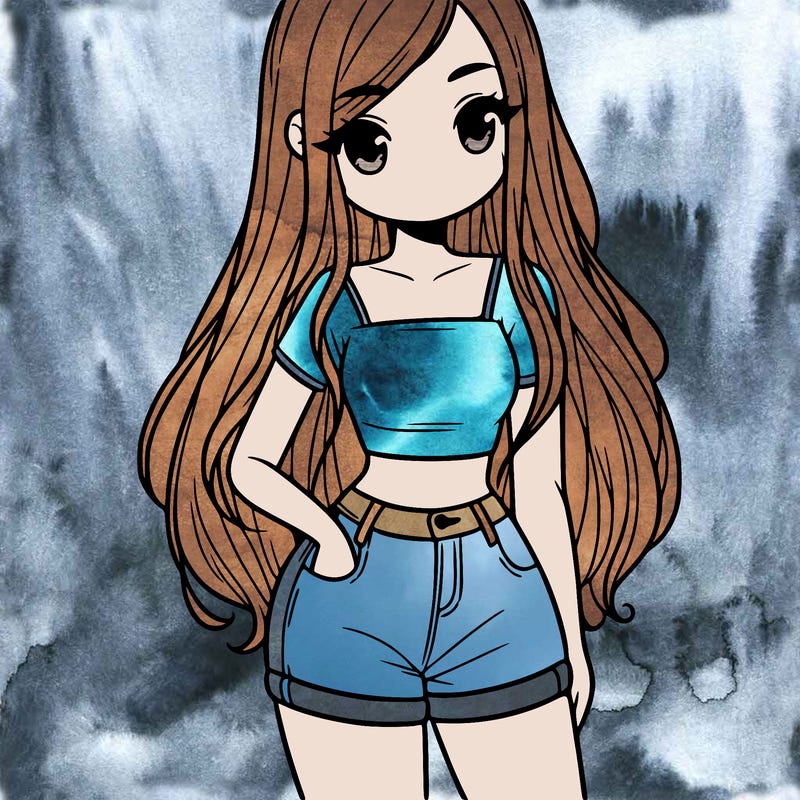 a girl with long hair wearing a crop top and shorts