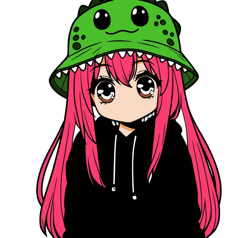 girl with anime shaped eyes with a dinosaur bucket hat oversized sweatshirt long straight hair