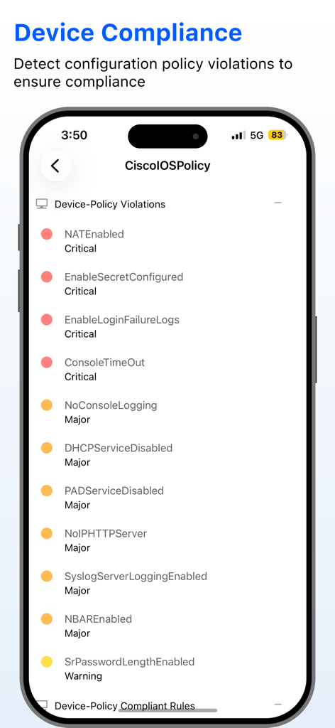 Network Configuration Manager - Mobile app screen showing a list of network device policy violations with critical and major severity levels