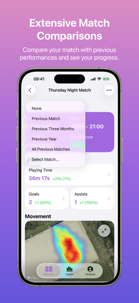 iPhone screen displaying soccer match performance comparisons including goals, assists, and movement heat maps.
