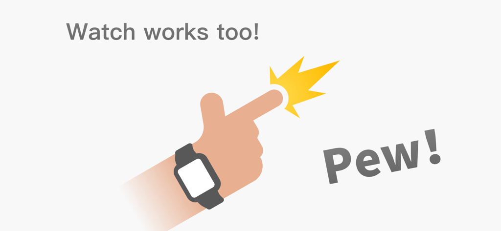A graphic showing a hand wearing a smartwatch making a finger gun gesture with a yellow blast effect and the text Pew!