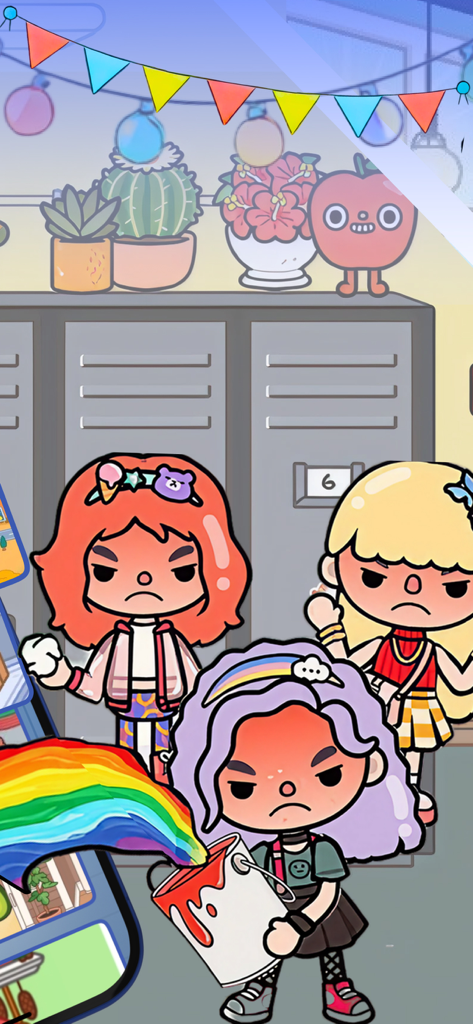 School Days for TC World - Três personagens escolares zangados em um vestiário com tinta arco-íris