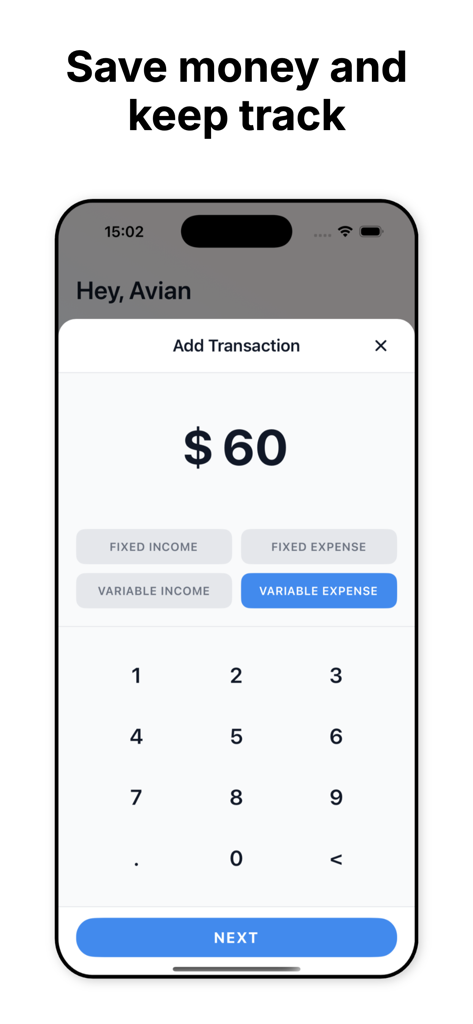 Budget App - TapSheet - TapSheet app interface for adding a variable expense transaction