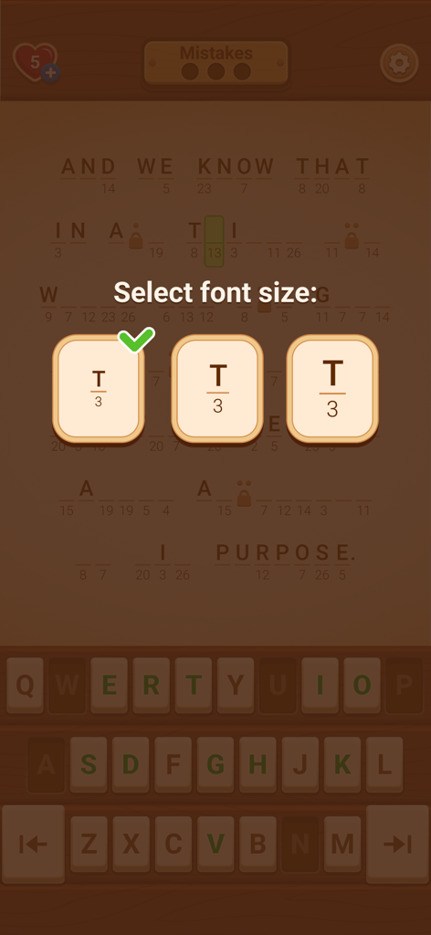 Cryptogram: Bible Code - Screen showing the font size selection menu in the Cryptogram Bible Code app to enhance readability for players.