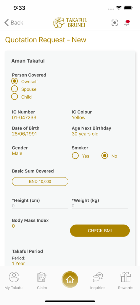 Takaful Brunei - A screen from the Takaful Brunei app showing a quotation request form for Aman Takaful insurance including personal details and coverage options.