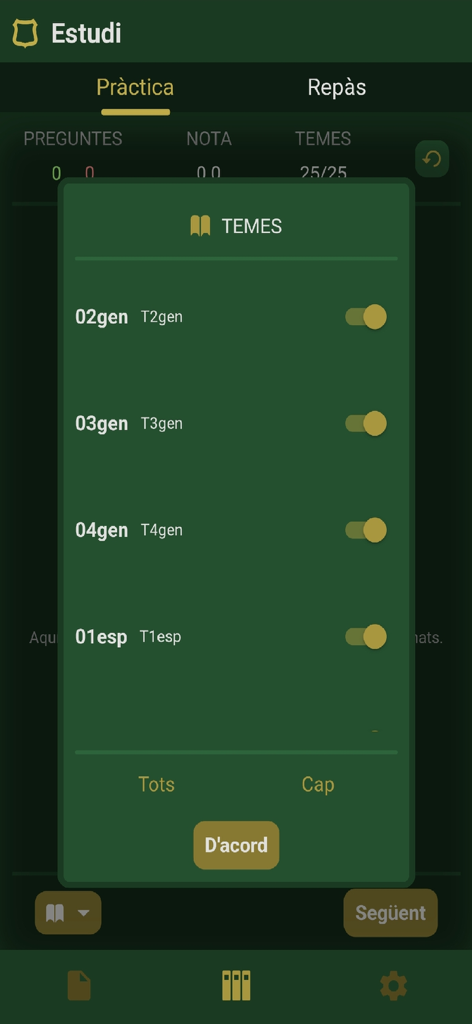 Modal de seleção de tópicos de estudo no aplicativo Academia Agentes Rurais mostrando vários temas de estudo com chaves de alternância.