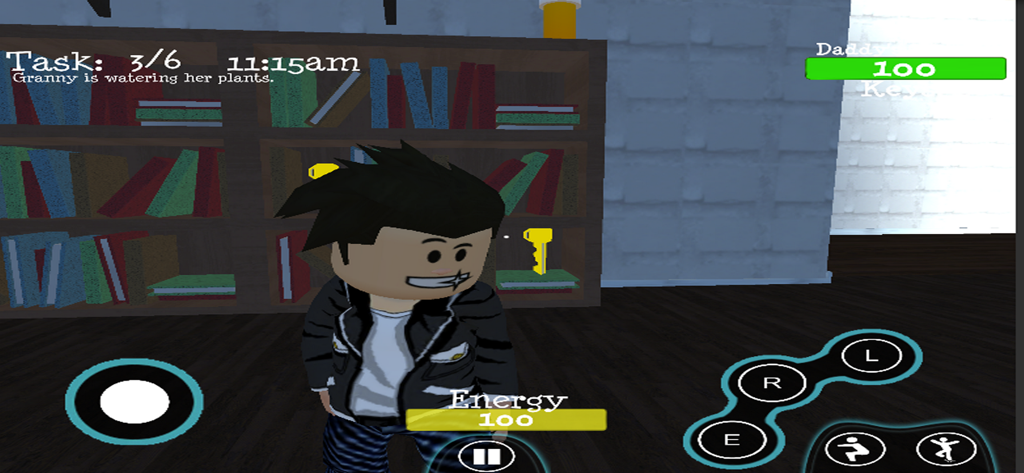 escape grumpy obby - A character finding a yellow key on a bookshelf in the escape grumpy obby game