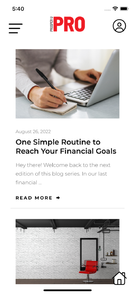 Prosper U - Prosper U PRO blog interface showing a business article about routines for reaching financial goals.