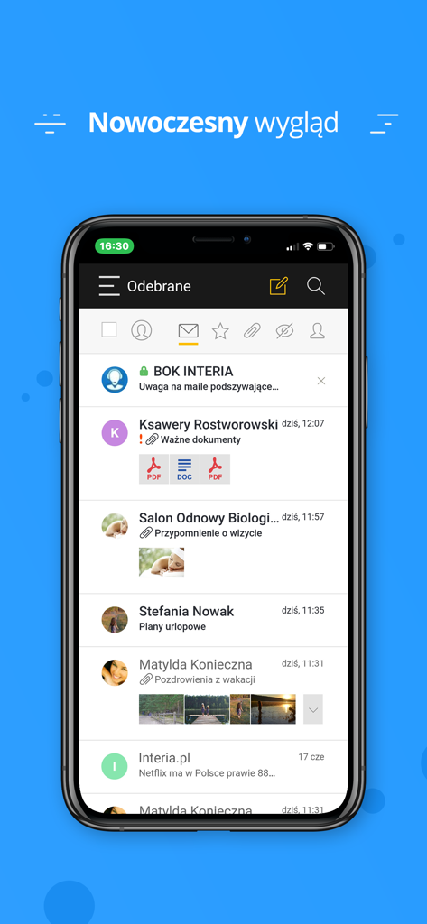 Poczta Interia email app interface showing a modern inbox with attachment previews and contact avatars