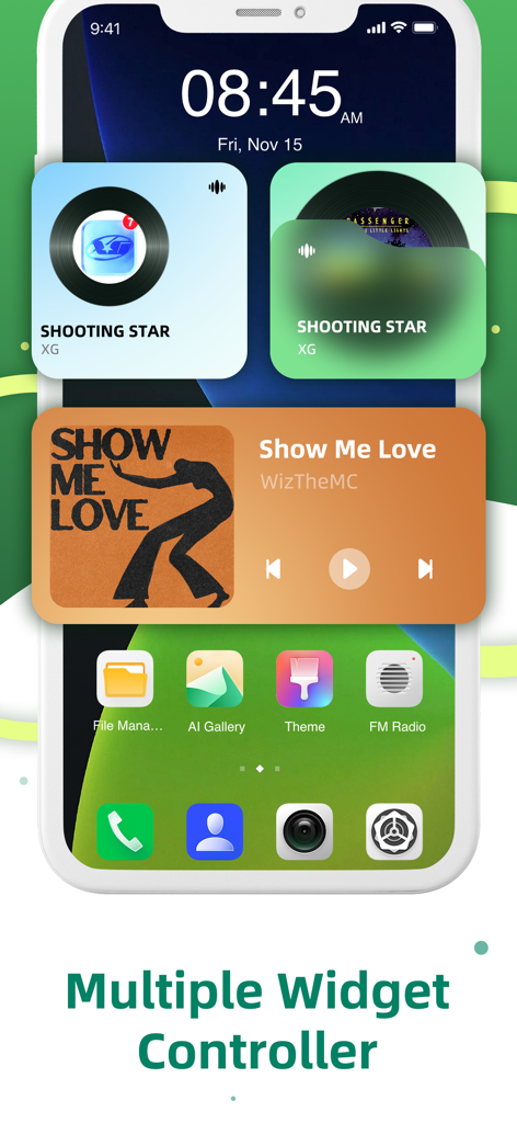 Offline Music Player MP3 Stube - iPhone home screen displaying multiple interactive music player widgets for offline songs
