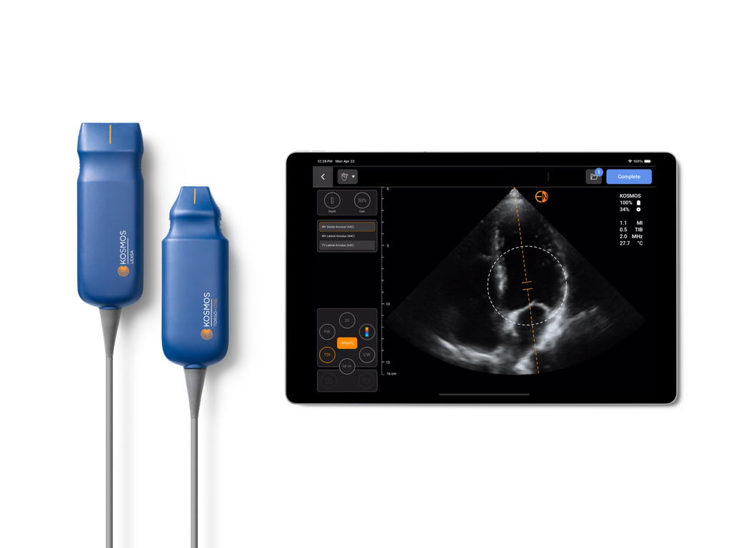 Kosmos Ultrasound 4.0 - Two Kosmos handheld ultrasound probes and an iPad displaying the ultrasound app interface with a cardiac scan