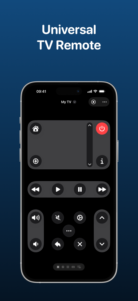 TV Remote - Universal Remote - Uma interface de aplicativo de controle remoto de TV universal em um iPhone exibindo controles em modo escuro e layouts de botões personalizados.