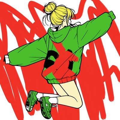 realistic girl jumping with a bun and oversized sweatshirt