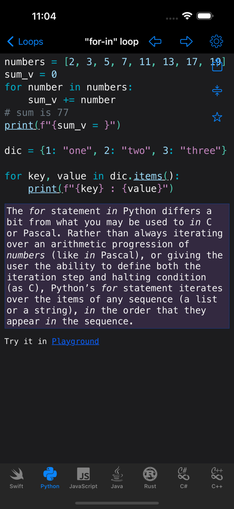 Code Recipes Pro - Code Recipes Pro app displaying a Python for-in loop code example and explanation