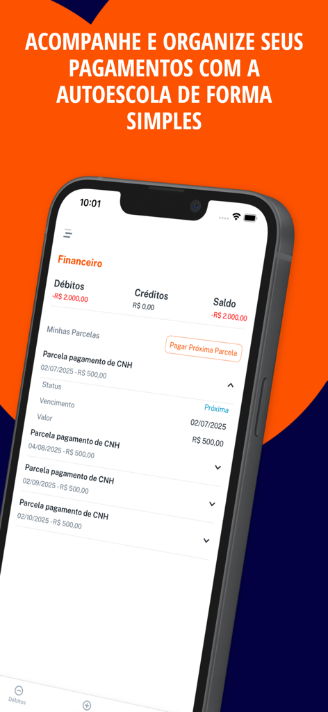 Finanzbildschirm der Minha CNH Online App, der den Zahlungsstatus und die Raten der Fahrschule anzeigt.