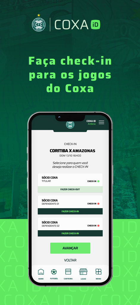 Coxa ID | Coritiba Oficial App - Smartphone screen showing the member check-in feature for a soccer match in the official Coritiba app.