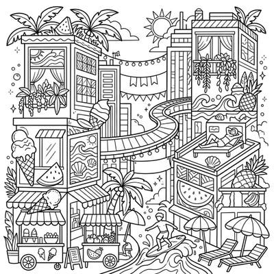 Immerse yourself in the ultimate summer fantasy with this dynamic cityscape coloring page. Packed with playful details like bustling fruit stands, sunbathers, and surfers, it brings the joy of a summer vacation right into the heart of the city.