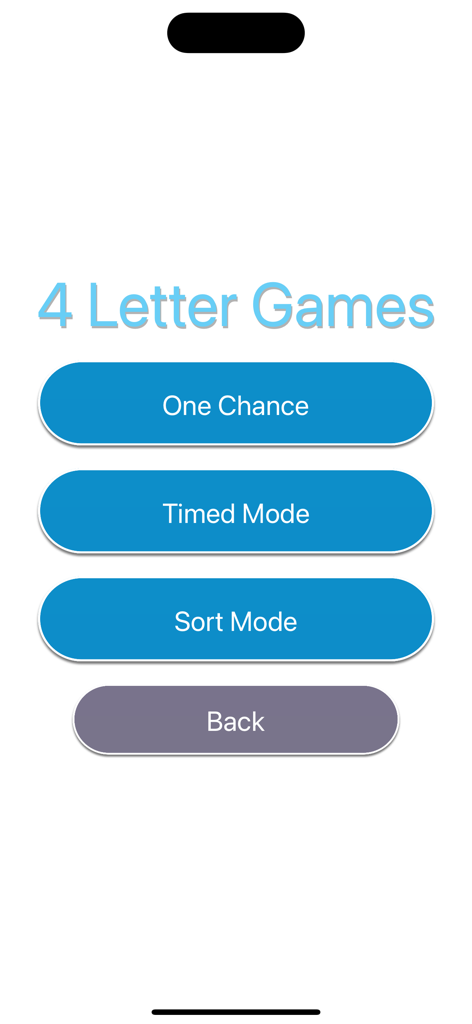 Snappy Word Search - Pantalla de selección de modos de juego de cuatro letras en la aplicación Snappy Word Search