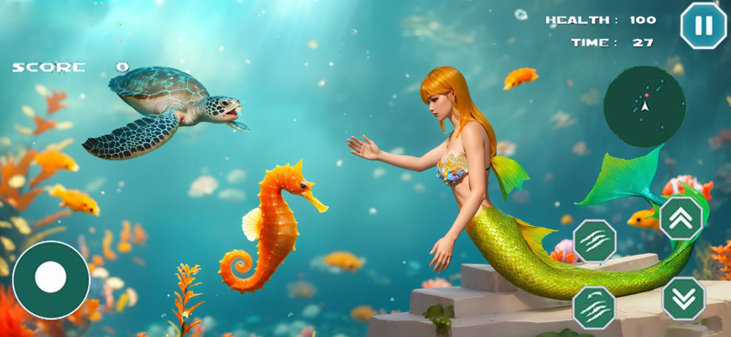 A mermaid princess swimming with a seahorse and sea turtle in a 3D underwater environment