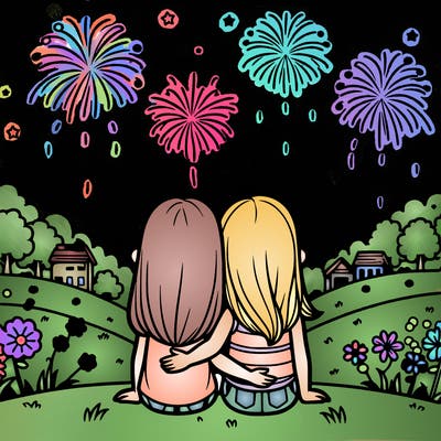 two girls sitting with each other facing away watching fireworks on a hill summer scene
