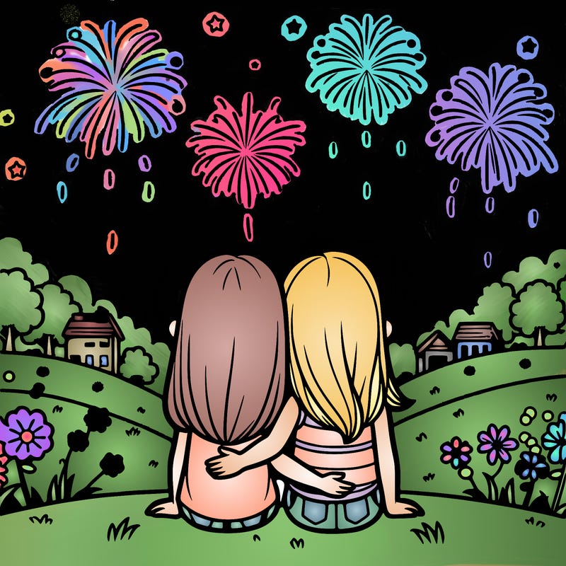 two girls sitting with each other facing away watching fireworks on a hill summer scene