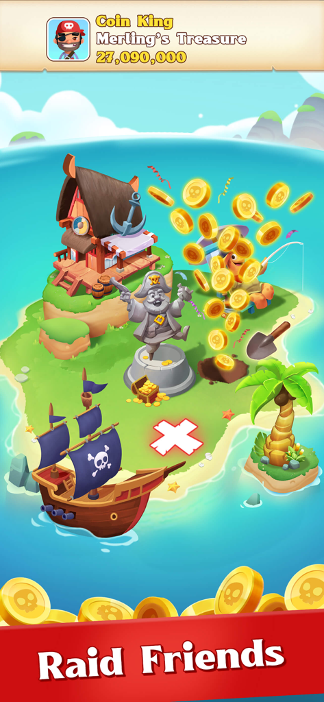 A pirate island with a ship and treasure being raided for gold coins in the mobile game Pirate Master