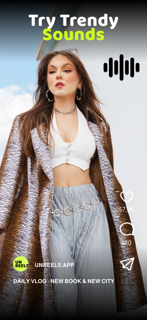 Unreels: Reel Video Editor - A daily vlog reel in the Unreels app featuring a stylish woman and trending music options