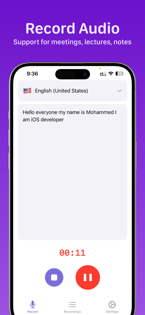 Aplicación Speakly AI que muestra una interfaz de grabación y transcripción de voz en vivo con botones de detener y pausar