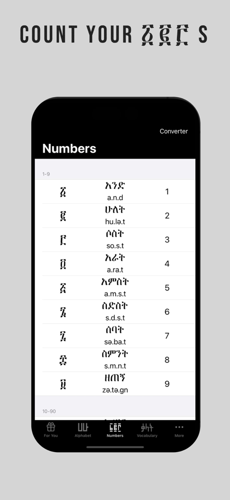 Amharic - Language Guide - Numbers section in the Amharic Language Guide app showing Ge'ez script symbols and English translations