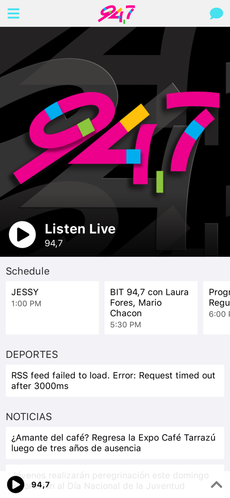 Pura Vida Radios - Pura Vida Radios mobile app interface showing the 94.7 FM live stream screen with radio schedule and news sections
