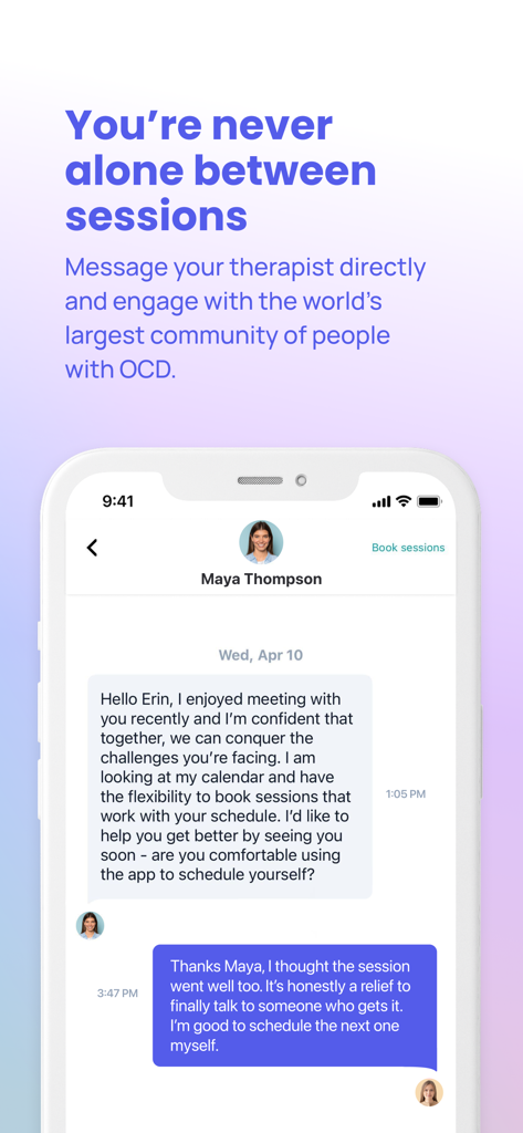 NOCD: OCD Therapy and Tools - NOCDアプリでOCDセラピストとのプライベートチャットを表示するスマートフォンの画面。