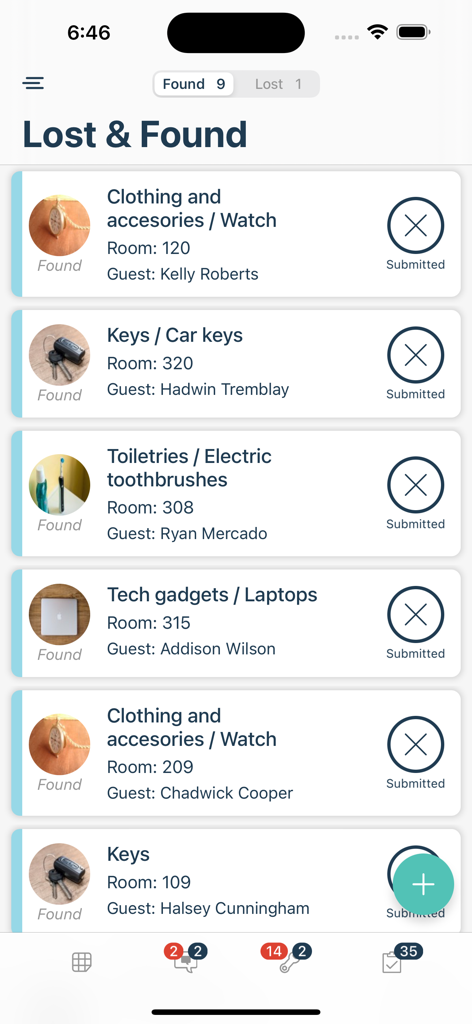 Flexkeeping - Mobile interface of Flexkeeping app displaying a lost and found list with photos of recovered items like keys and watches along with room numbers and guest names