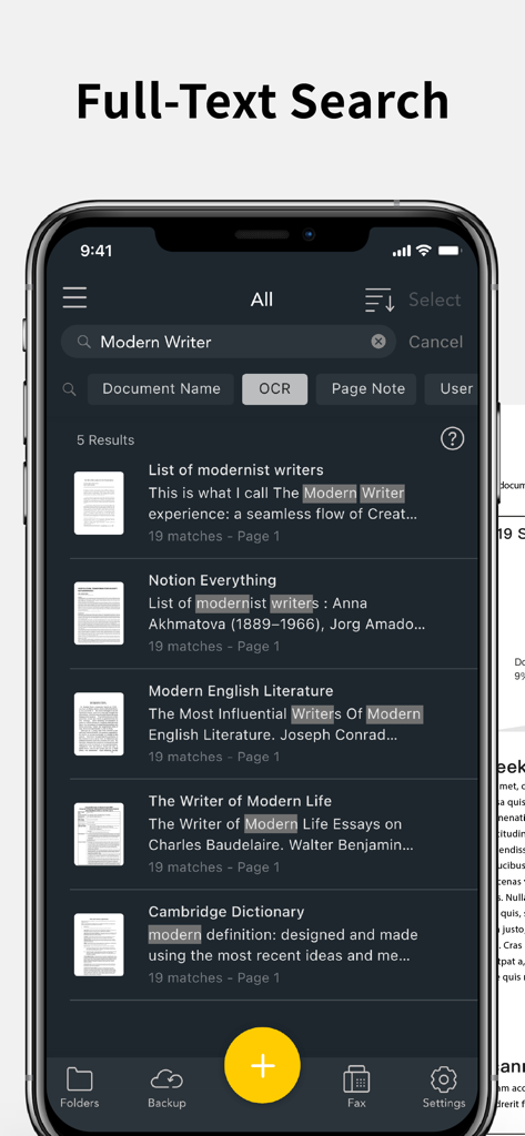 Smartphone-Bildschirm, der die Volltextsuchfunktion mit OCR in der Scanner App zeigt.