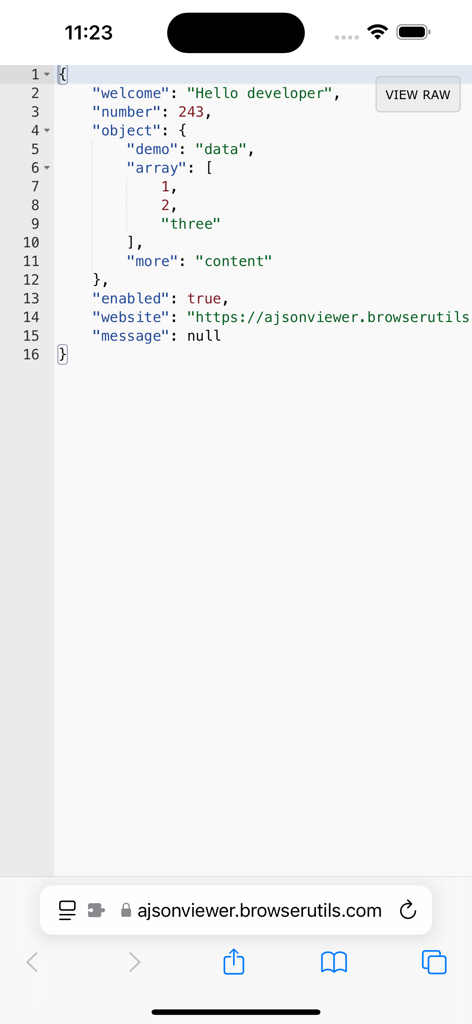 Advanced JSON Viewer - Advanced JSON Viewer extension displaying formatted JSON with syntax highlighting in Safari on iPhone