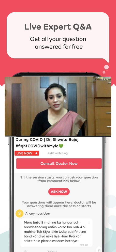 Mylo Pregnancy & Parenting App - Mobile Oberfläche der Mylo App mit einer Live-Experten-Fragerunde mit einem Arzt für Erziehungsberatung.