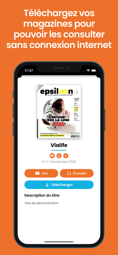 MyViapresse - MyViapresse app interface showing an offline magazine download page with options to read or listen