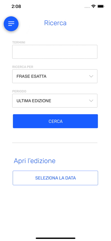 Torino Cronaca Qui - Interfaccia di ricerca dell'app Torino Cronaca Qui per trovare articoli di notizie specifici e edizioni passate