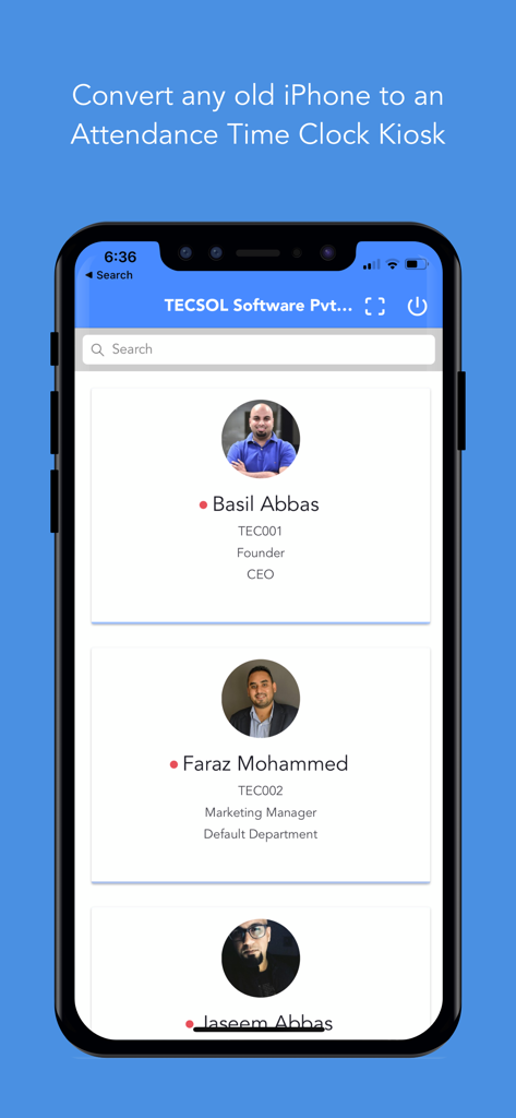 ClockIt Kiosk - Aplicación ClockIt Kiosk mostrando registros de asistencia de empleados en un iPhone