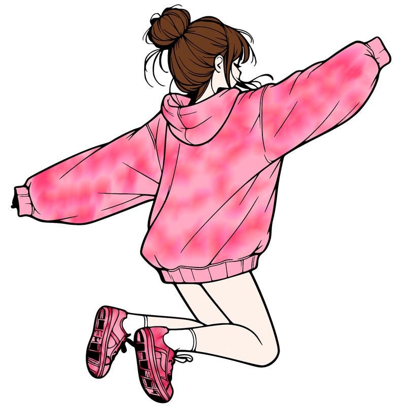 realistic girl jumping with a bun and oversized sweatshirt