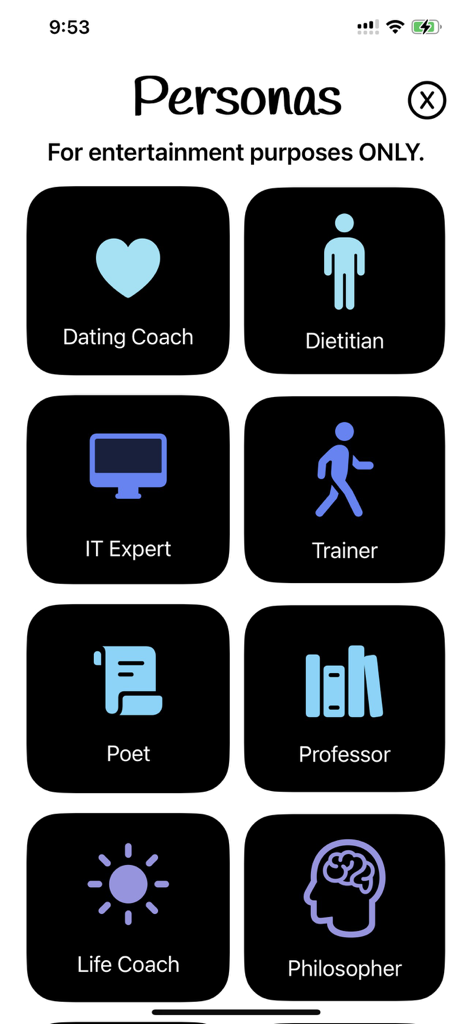 A screen showing various AI personas like Poet Professor and Philosopher in the Write For Me app