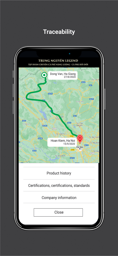 Vietcheck app screen showing a map with the traceability route of a Trung Nguyen Legend product from Ha Giang to Ha Noi.