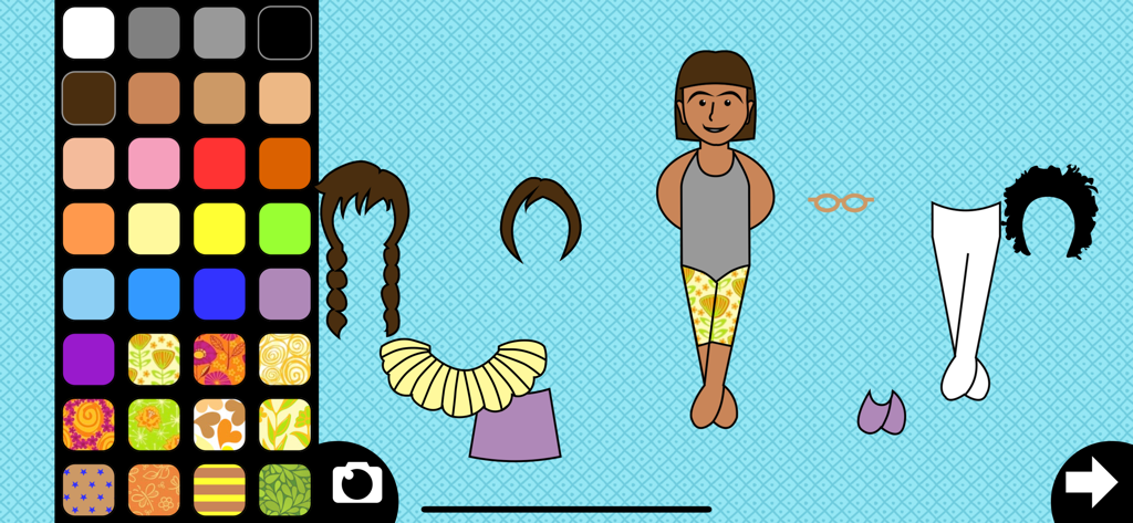 Dress-up - Interface of a kids dress-up app showing a doll character and a color palette for choosing outfits and hairstyles.