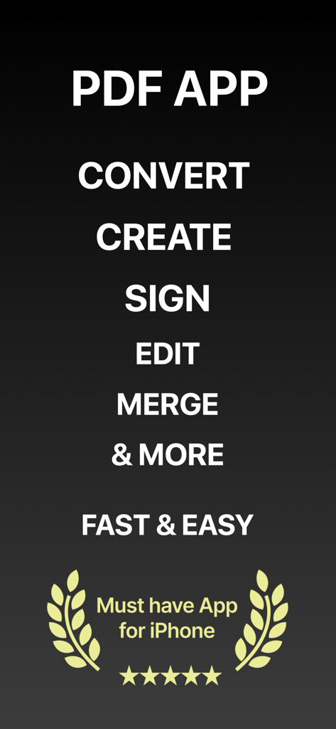 PDF App: Convert, Create, Sign - PDF App screenshot showing features like convert create sign edit merge and a 5 star rating for iPhone