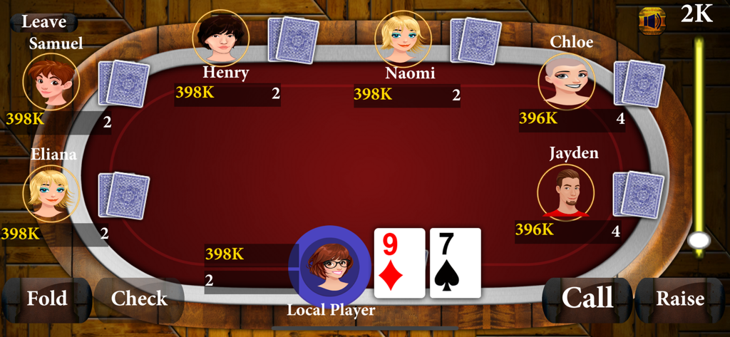 Golden Texas Holdem Poker - Écran de jeu de Golden Texas Holdem Poker montrant une table de cartes avec des avatars et des boutons de mise.