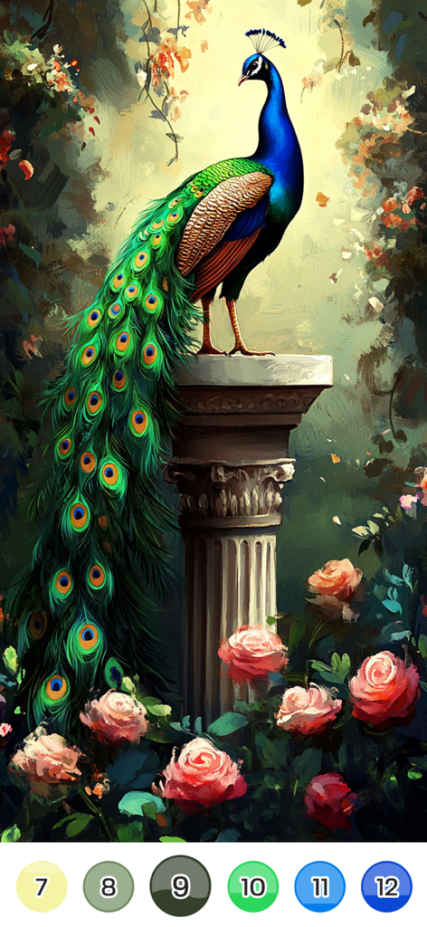 Color Up: Color By Number - Peacock on a column with roses in a color by number game