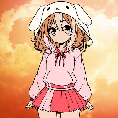 pretty anime girl wearing a fluffy hoodie with bunny ears on the hood and a skirt